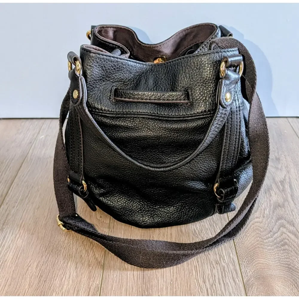 The Sak Kedzie Brown Pebbled Leather Bucket Hobo Bag Gold Hardware
